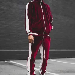 Discount OUKU Men's Tracksuit Sweatsuit Jogging Suits Velour Tracksuit Wine Red Black Blue Green Dark Gray Standing Collar Color Block 2 Piece Sports & Outdoor Sports Streetwear Streetwear Casual Big and Tall Fall