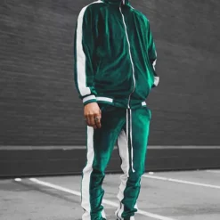 Discount OUKU Men's Tracksuit Sweatsuit Jogging Suits Velour Tracksuit Wine Red Black Blue Green Dark Gray Standing Collar Color Block 2 Piece Sports & Outdoor Sports Streetwear Streetwear Casual Big and Tall Fall