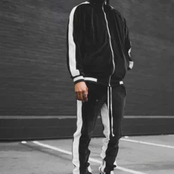 Discount OUKU Men's Tracksuit Sweatsuit Jogging Suits Velour Tracksuit Wine Red Black Blue Green Dark Gray Standing Collar Color Block 2 Piece Sports & Outdoor Sports Streetwear Streetwear Casual Big and Tall Fall