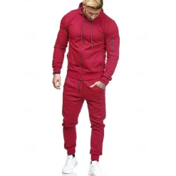 Sale OUKU Men's Tracksuit Sweatsuit Dark Grey Black Army Green Burgundy Dark Navy Hoodie Solid Colored Drawstring 2 Piece Zipper Pocket Athletic Athleisure Fall Winter Clothing Apparel Hoodies Sweatshirts