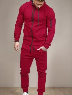 Hot OUKU Men's Tracksuit Sweatsuit Full Zip Hoodie Jogging Suits Black Wine Army Green Navy Blue Dark Gray Hooded Solid Color Zipper 2 Piece Sports & Outdoor Daily Fitness Cotton Basic Sportswear Spring