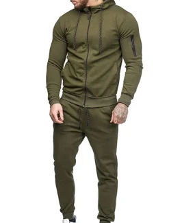 Hot OUKU Men's Tracksuit Sweatsuit Full Zip Hoodie Jogging Suits Black Wine Army Green Navy Blue Dark Gray Hooded Solid Color Zipper 2 Piece Sports & Outdoor Daily Fitness Cotton Basic Sportswear Spring