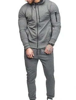 Hot OUKU Men's Tracksuit Sweatsuit Full Zip Hoodie Jogging Suits Black Wine Army Green Navy Blue Dark Gray Hooded Solid Color Zipper 2 Piece Sports & Outdoor Daily Fitness Cotton Basic Sportswear Spring