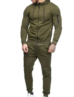 Hot OUKU Men's Tracksuit Sweatsuit Full Zip Hoodie Jogging Suits Black Wine Army Green Navy Blue Dark Gray Hooded Solid Color Zipper 2 Piece Sports & Outdoor Daily Fitness Cotton Basic Sportswear Spring