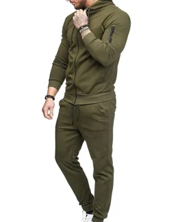 Hot OUKU Men's Tracksuit Sweatsuit Full Zip Hoodie Jogging Suits Black Wine Army Green Navy Blue Dark Gray Hooded Solid Color Zipper 2 Piece Sports & Outdoor Daily Fitness Cotton Basic Sportswear Spring