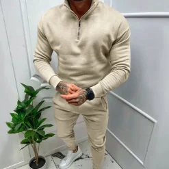 Online OUKU Men's Tracksuit Sweatsuit Quarter Zip Sweatshirt Apricot Black White Red Light Grey Standing Collar Plain 2 Piece Sports & Outdoor Daily Holiday Streetwear Basic Casual Fall & Winter Clothing Apparel