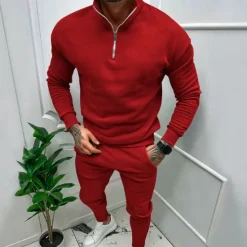 Online OUKU Men's Tracksuit Sweatsuit Quarter Zip Sweatshirt Apricot Black White Red Light Grey Standing Collar Plain 2 Piece Sports & Outdoor Daily Holiday Streetwear Basic Casual Fall & Winter Clothing Apparel