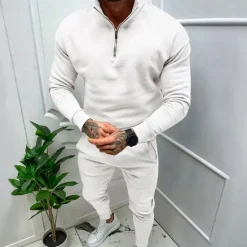 Online OUKU Men's Tracksuit Sweatsuit Quarter Zip Sweatshirt Apricot Black White Red Light Grey Standing Collar Plain 2 Piece Sports & Outdoor Daily Holiday Streetwear Basic Casual Fall & Winter Clothing Apparel