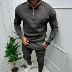 Online OUKU Men's Tracksuit Sweatsuit Quarter Zip Sweatshirt Apricot Black White Red Light Grey Standing Collar Plain 2 Piece Sports & Outdoor Daily Holiday Streetwear Basic Casual Fall & Winter Clothing Apparel