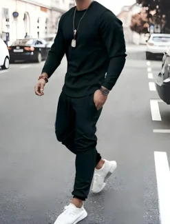 Sale OUKU Men's Tracksuit Sweatsuit Jogging Suits Black White Pink Red Blue Crew Neck Solid Color Sports & Outdoor Sportswear Casual Clothing Apparel Hoodies Sweatshirts Long Sleeve