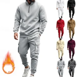 Online OUKU Men's Tracksuit Sweatsuit Quarter Zip Sweatshirt Apricot Black White Wine Red Half Zip Plain 2 Piece Sports & Outdoor Daily Holiday Polyester Streetwear Basic Casual Fall & Winter Clothing Apparel