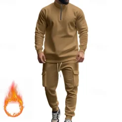 Online OUKU Men's Tracksuit Sweatsuit Quarter Zip Sweatshirt Apricot Black White Wine Red Half Zip Plain 2 Piece Sports & Outdoor Daily Holiday Polyester Streetwear Basic Casual Fall & Winter Clothing Apparel