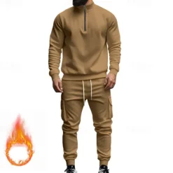 Online OUKU Men's Tracksuit Sweatsuit Quarter Zip Sweatshirt Apricot Black White Wine Red Half Zip Plain 2 Piece Sports & Outdoor Daily Holiday Polyester Streetwear Basic Casual Fall & Winter Clothing Apparel