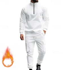 Online OUKU Men's Tracksuit Sweatsuit Quarter Zip Sweatshirt Apricot Black White Wine Red Half Zip Plain 2 Piece Sports & Outdoor Daily Holiday Polyester Streetwear Basic Casual Fall & Winter Clothing Apparel