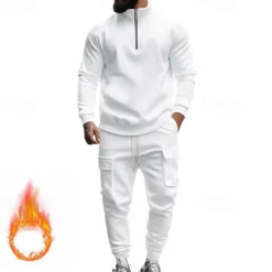 Online OUKU Men's Tracksuit Sweatsuit Quarter Zip Sweatshirt Apricot Black White Wine Red Half Zip Plain 2 Piece Sports & Outdoor Daily Holiday Polyester Streetwear Basic Casual Fall & Winter Clothing Apparel