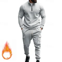 Online OUKU Men's Tracksuit Sweatsuit Quarter Zip Sweatshirt Apricot Black White Wine Red Half Zip Plain 2 Piece Sports & Outdoor Daily Holiday Polyester Streetwear Basic Casual Fall & Winter Clothing Apparel