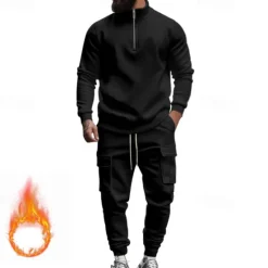 Online OUKU Men's Tracksuit Sweatsuit Quarter Zip Sweatshirt Apricot Black White Wine Red Half Zip Plain 2 Piece Sports & Outdoor Daily Holiday Polyester Streetwear Basic Casual Fall & Winter Clothing Apparel