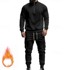Online OUKU Men's Tracksuit Sweatsuit Quarter Zip Sweatshirt Apricot Black White Wine Red Half Zip Plain 2 Piece Sports & Outdoor Daily Holiday Polyester Streetwear Basic Casual Fall & Winter Clothing Apparel