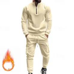Online OUKU Men's Tracksuit Sweatsuit Quarter Zip Sweatshirt Apricot Black White Wine Red Half Zip Plain 2 Piece Sports & Outdoor Daily Holiday Polyester Streetwear Basic Casual Fall & Winter Clothing Apparel