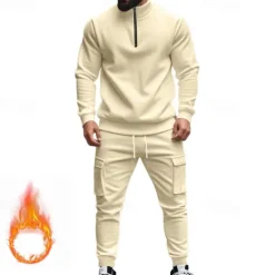 Online OUKU Men's Tracksuit Sweatsuit Quarter Zip Sweatshirt Apricot Black White Wine Red Half Zip Plain 2 Piece Sports & Outdoor Daily Holiday Polyester Streetwear Basic Casual Fall & Winter Clothing Apparel
