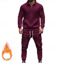 Online OUKU Men's Tracksuit Sweatsuit Quarter Zip Sweatshirt Apricot Black White Wine Red Half Zip Plain 2 Piece Sports & Outdoor Daily Holiday Polyester Streetwear Basic Casual Fall & Winter Clothing Apparel