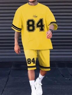 Discount OUKU Men's Tracksuit T shirt & Shorts Set Outfit Set Basketball Set Crew Neck Outdoor Daily Sports Pocket Drawstring 2 Piece Color Block Number Black / White Black Yellow Polyester Activewear Fashion