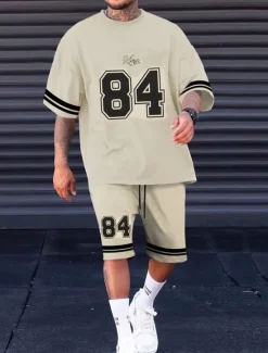 Discount OUKU Men's Tracksuit T shirt & Shorts Set Outfit Set Basketball Set Crew Neck Outdoor Daily Sports Pocket Drawstring 2 Piece Color Block Number Black / White Black Yellow Polyester Activewear Fashion