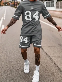 Discount OUKU Men's Tracksuit T shirt & Shorts Set Outfit Set Basketball Set Crew Neck Outdoor Daily Sports Pocket Drawstring 2 Piece Color Block Number Black / White Black Yellow Polyester Activewear Fashion