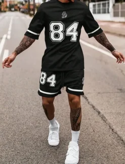 Discount OUKU Men's Tracksuit T shirt & Shorts Set Outfit Set Basketball Set Crew Neck Outdoor Daily Sports Pocket Drawstring 2 Piece Color Block Number Black / White Black Yellow Polyester Activewear Fashion