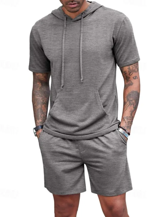 Outlet OUKU Men's Tracksuit T shirt & Shorts Outfit Set Hoodie Outdoor Daily Sports Pocket Drawstring Plain Wine Red Black White Polyester Activewear Streetwear Lightweight Summer