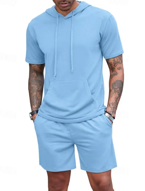 Outlet OUKU Men's Tracksuit T shirt & Shorts Outfit Set Hoodie Outdoor Daily Sports Pocket Drawstring Plain Wine Red Black White Polyester Activewear Streetwear Lightweight Summer