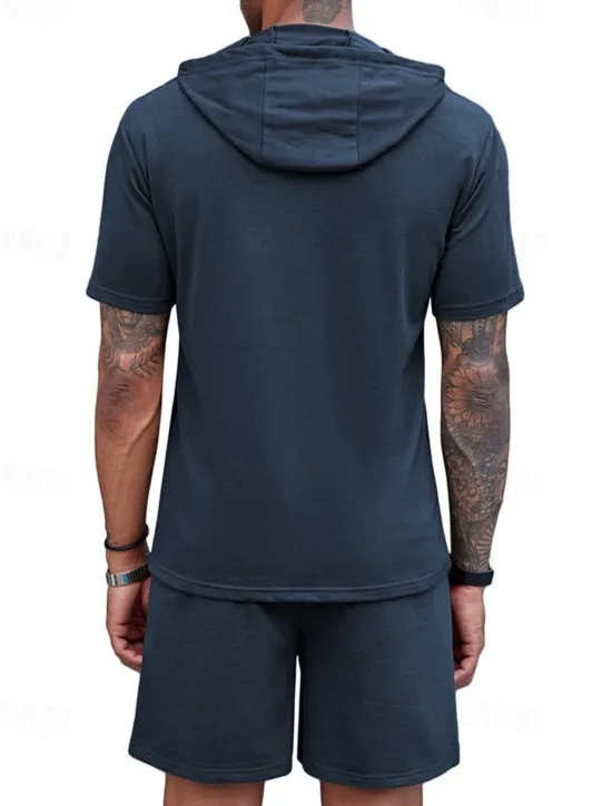 Outlet OUKU Men's Tracksuit T shirt & Shorts Outfit Set Hoodie Outdoor Daily Sports Pocket Drawstring Plain Wine Red Black White Polyester Activewear Streetwear Lightweight Summer