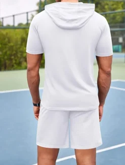 Outlet OUKU Men's Tracksuit T shirt & Shorts Outfit Set Hoodie Outdoor Daily Sports Pocket Drawstring Plain Wine Red Black White Polyester Activewear Streetwear Lightweight Summer