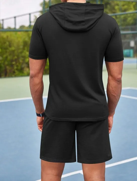 Outlet OUKU Men's Tracksuit T shirt & Shorts Outfit Set Hoodie Outdoor Daily Sports Pocket Drawstring Plain Wine Red Black White Polyester Activewear Streetwear Lightweight Summer