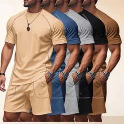 OUKU Men's Tracksuit T shirt & Shorts Outfit Set Crew Neck Outdoor Daily Sports Pocket Drawstring Plain Black Brown Light Grey Polyester Activewear Streetwear Lightweight Summer