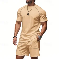 OUKU Men's Tracksuit T shirt & Shorts Outfit Set Crew Neck Outdoor Daily Sports Pocket Drawstring Plain Black Brown Light Grey Polyester Activewear Streetwear Lightweight Summer