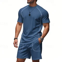 OUKU Men's Tracksuit T shirt & Shorts Outfit Set Crew Neck Outdoor Daily Sports Pocket Drawstring Plain Black Brown Light Grey Polyester Activewear Streetwear Lightweight Summer