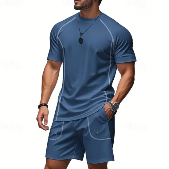 OUKU Men's Tracksuit T shirt & Shorts Outfit Set Crew Neck Outdoor Daily Sports Pocket Drawstring Plain Black Brown Light Grey Polyester Activewear Streetwear Lightweight Summer