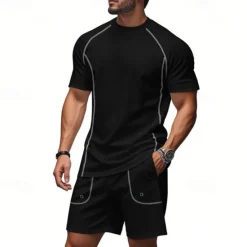 OUKU Men's Tracksuit T shirt & Shorts Outfit Set Crew Neck Outdoor Daily Sports Pocket Drawstring Plain Black Brown Light Grey Polyester Activewear Streetwear Lightweight Summer