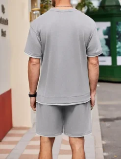 Online OUKU Men's Tracksuit T shirt & Shorts Outfit Set Crew Neck Outdoor Daily Sports Pocket Drawstring Patchwork Wine Red Black White Polyester Activewear Streetwear Lightweight Summer