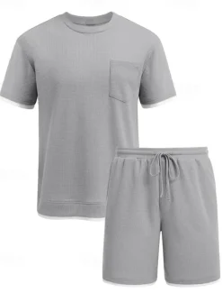 Online OUKU Men's Tracksuit T shirt & Shorts Outfit Set Crew Neck Outdoor Daily Sports Pocket Drawstring Patchwork Wine Red Black White Polyester Activewear Streetwear Lightweight Summer