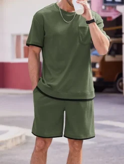 Online OUKU Men's Tracksuit T shirt & Shorts Outfit Set Crew Neck Outdoor Daily Sports Pocket Drawstring Patchwork Wine Red Black White Polyester Activewear Streetwear Lightweight Summer