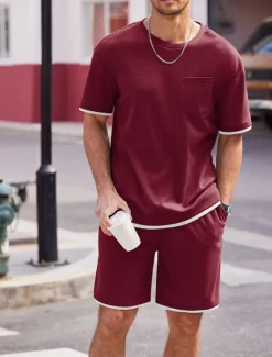 Online OUKU Men's Tracksuit T shirt & Shorts Outfit Set Crew Neck Outdoor Daily Sports Pocket Drawstring Patchwork Wine Red Black White Polyester Activewear Streetwear Lightweight Summer
