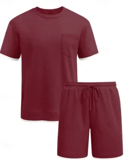 Online OUKU Men's Tracksuit T shirt & Shorts Outfit Set Crew Neck Outdoor Daily Sports Pocket Drawstring Patchwork Wine Red Black White Polyester Activewear Streetwear Lightweight Summer