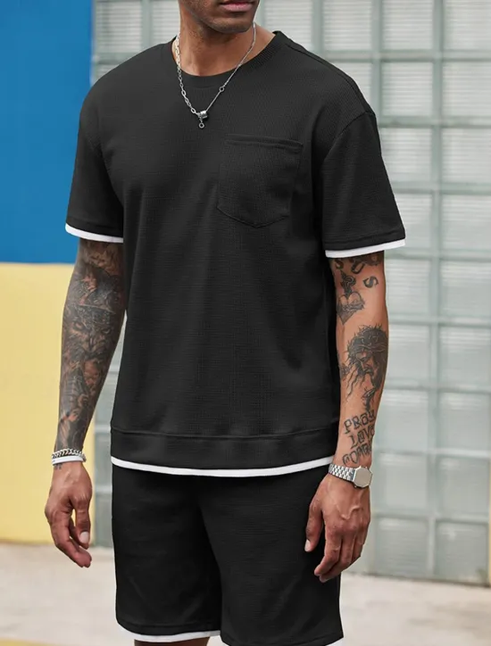 Online OUKU Men's Tracksuit T shirt & Shorts Outfit Set Crew Neck Outdoor Daily Sports Pocket Drawstring Patchwork Wine Red Black White Polyester Activewear Streetwear Lightweight Summer