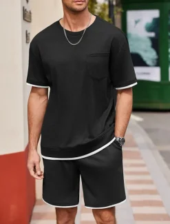 Online OUKU Men's Tracksuit T shirt & Shorts Outfit Set Crew Neck Outdoor Daily Sports Pocket Drawstring Patchwork Wine Red Black White Polyester Activewear Streetwear Lightweight Summer