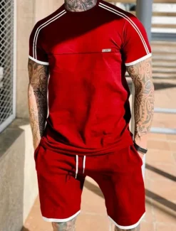 Outlet OUKU Men's Tracksuit T shirt & Shorts Outfit Set Crew Neck Outdoor Daily Sports Pocket Drawstring Patchwork Black Red Light Grey Polyester Activewear Streetwear Lightweight Summer