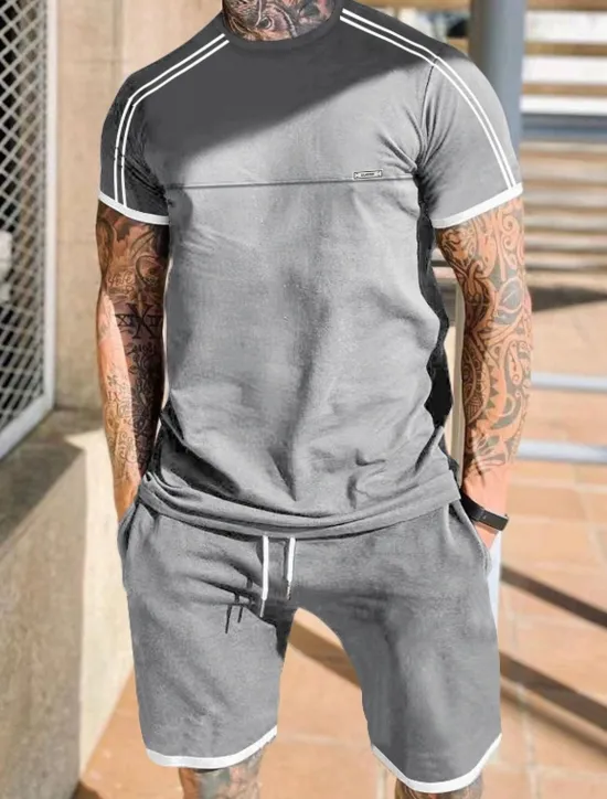 Outlet OUKU Men's Tracksuit T shirt & Shorts Outfit Set Crew Neck Outdoor Daily Sports Pocket Drawstring Patchwork Black Red Light Grey Polyester Activewear Streetwear Lightweight Summer