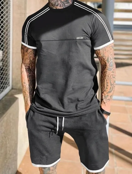 Outlet OUKU Men's Tracksuit T shirt & Shorts Outfit Set Crew Neck Outdoor Daily Sports Pocket Drawstring Patchwork Black Red Light Grey Polyester Activewear Streetwear Lightweight Summer