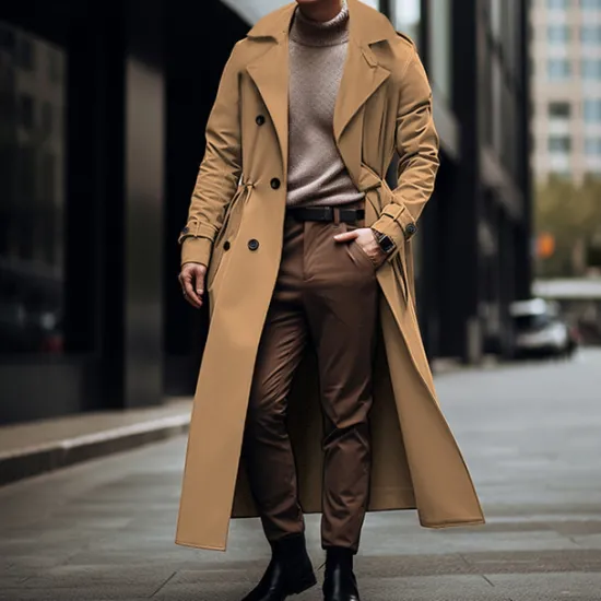 New OUKU Men's Transition Jacket Long Trench Coat Going out All Seasons Polyester Lightweight Outerwear Clothing Apparel Streetwear Plain Turndown Double Breasted